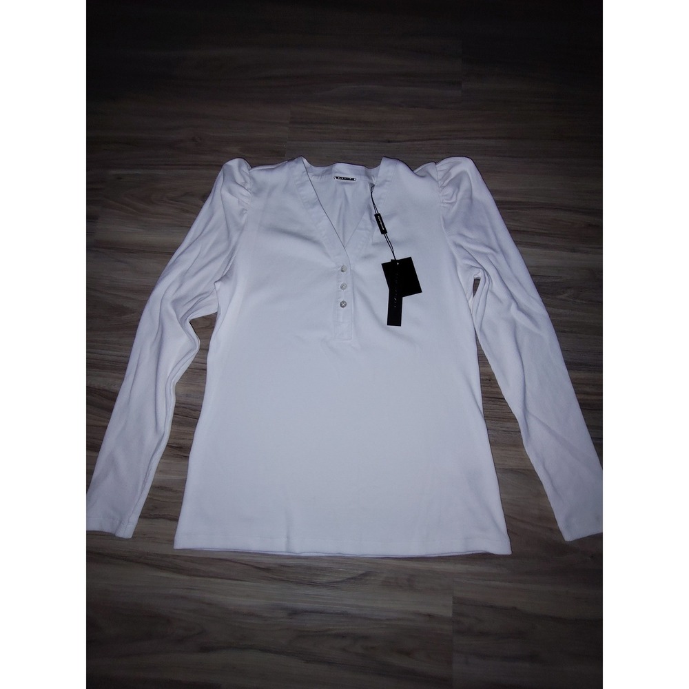 Elie Tahari Womens Ribbed Puff Shoulder Henley Top Sky White ETR44109 Size M